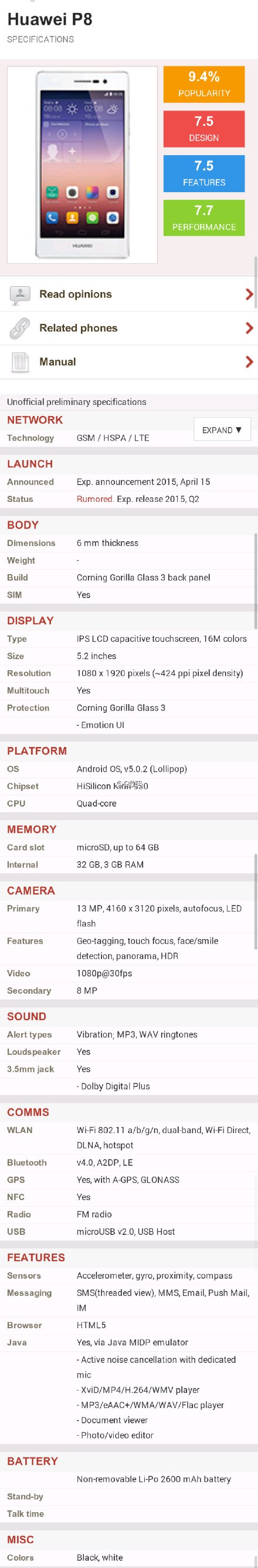 Huawei P8 especificaciones